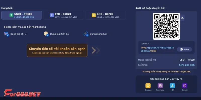 Hướng dẫn nạp tiền For88 bằng tiền ảo