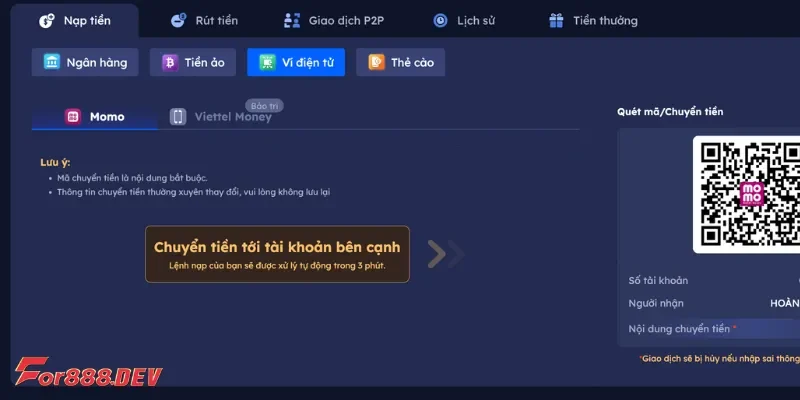 Hướng dẫn nạp tiền For88 bằng ví điện tử